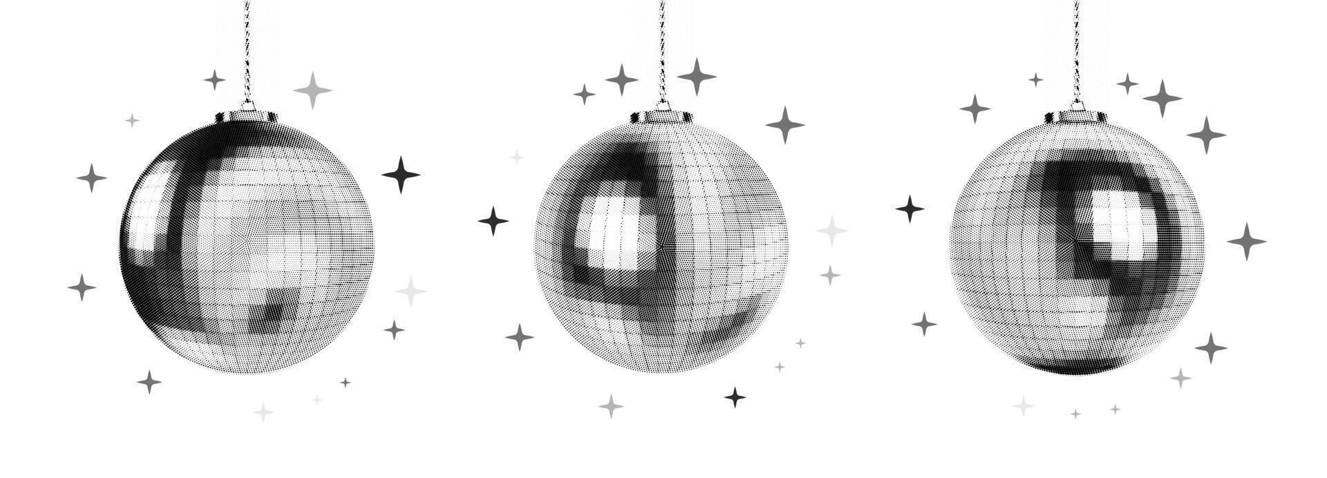 Pixelated halftone disco balls with sparkles on white background in retro monochrome style vector