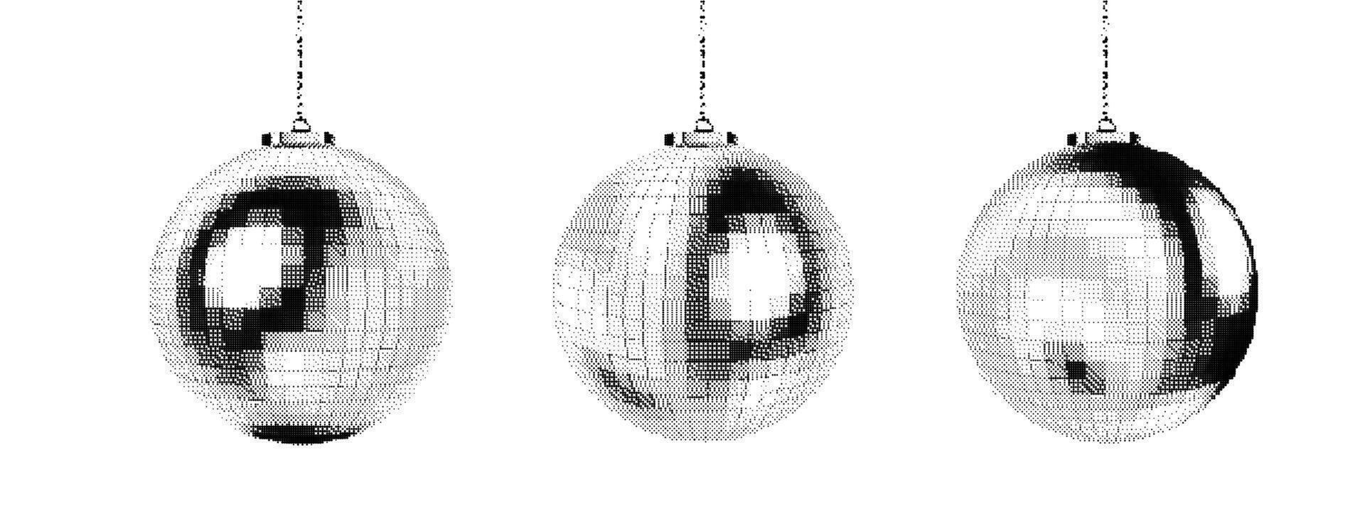 Disco ball halftone party dance music collage club retro. Dj mirror texture 3d Elements isolated. Monochrome graphic silver glitter disco balls in popart dot style. vector