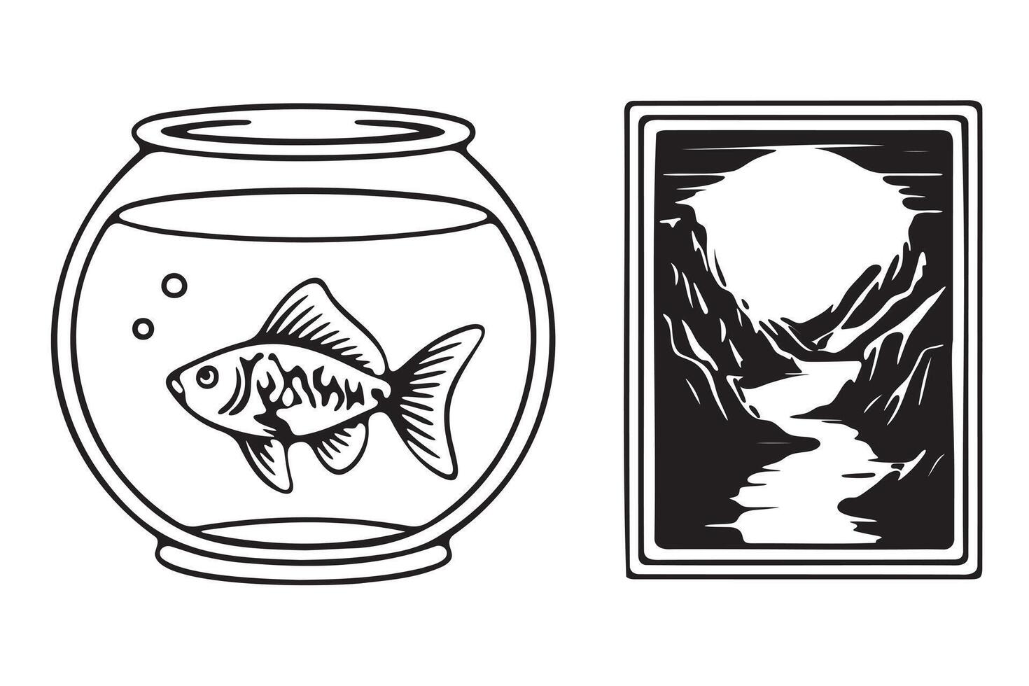 A goldfish in a bowl contrasted with a mountain landscape. vector