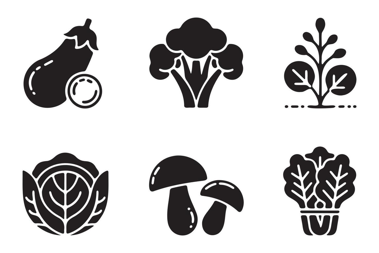 Simple Black and White Icons of Various Vegetables and Mushrooms vector