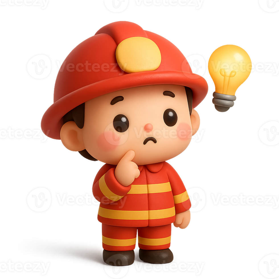 Kawaii cartoon 3D firefighter character with a light bulb idea concept, perfect for illustrating fire safety awareness, innovation, and emergency planning tips png