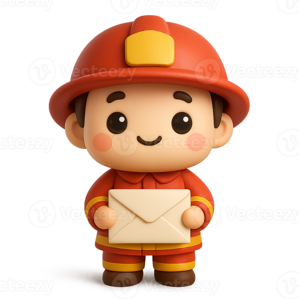 Adorable 3D cartoon firefighter holding an envelope with a sweet smile, ideal for mail service concepts, communication and public safety messages png