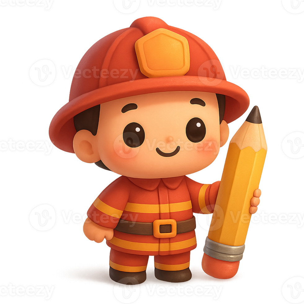 Kawaii 3D cartoon firefighter holding a big yellow pencil with cheerful smile, cute educational emergency character in red uniform for children and school themes png