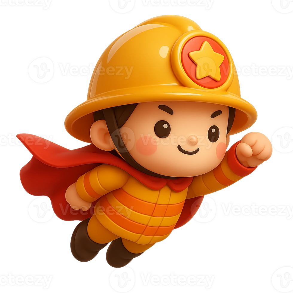 Kawaii cartoon firefighter flying like a superhero with red cape and yellow uniform, heroic 3D emergency character for kids, brave rescue illustration png