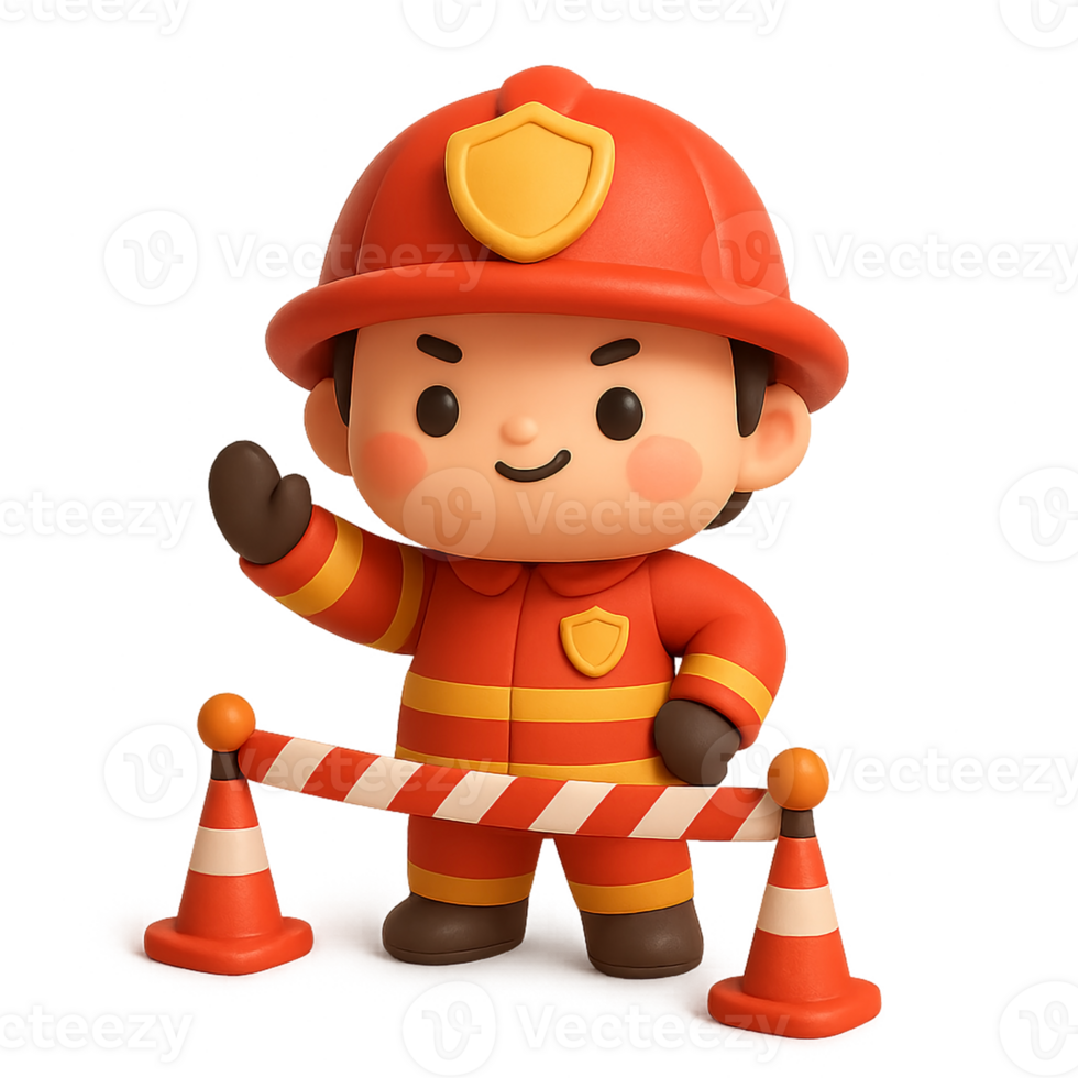 Kawaii cartoon firefighter waving behind safety cones and striped tape, cheerful red uniform character for kids, 3D cute emergency rescue scene png