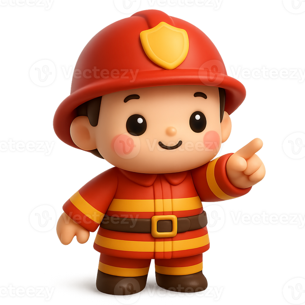 Adorable 3D cartoon firefighter pointing finger up with happy face, red uniform and helmet, cute kawaii style perfect for childrens educational content png