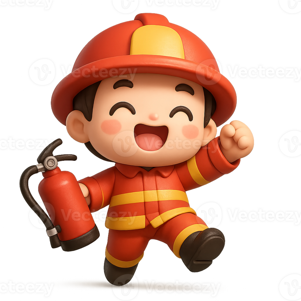 Kawaii cartoon 3D firefighter in red uniform running joyfully with fire extinguisher, adorable smiling child hero celebrating successful rescue mission png