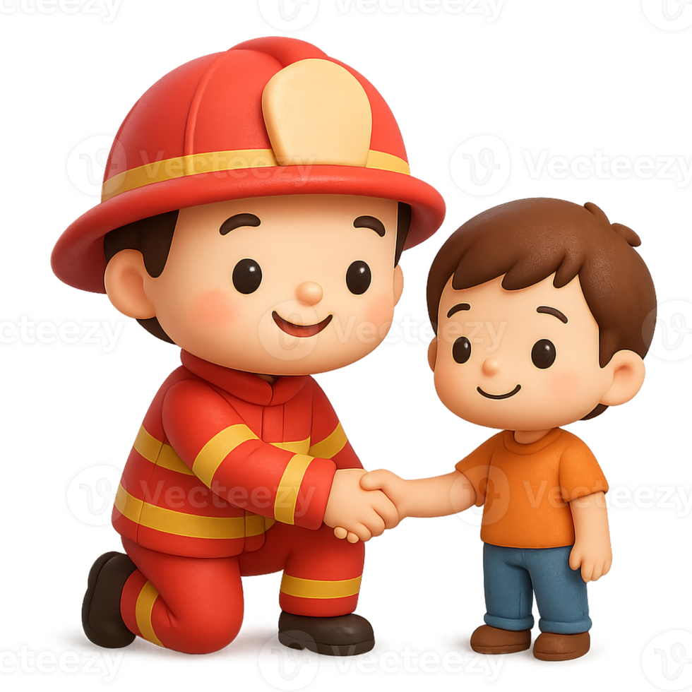 3D cartoon kawaii firefighter kneeling and shaking hands with a child, showing compassion and safety in a heartwarming public service rescue moment png