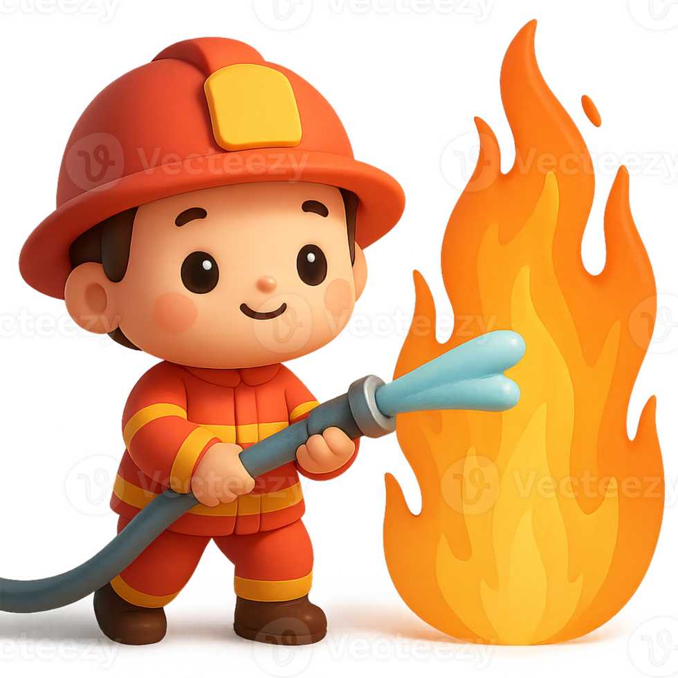 Kawaii cartoon 3D firefighter in red uniform and helmet spraying water on big flame with hose, adorable child character acting brave in firefighting mission png