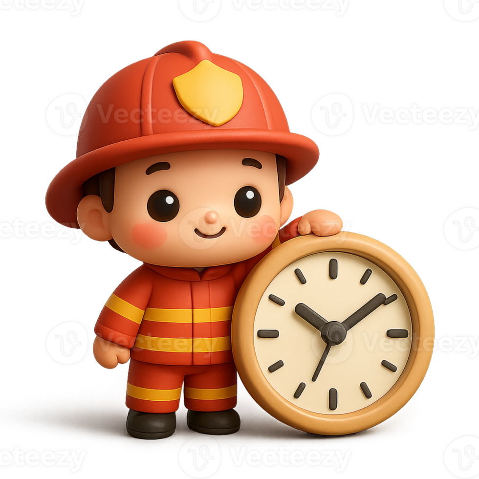 Cartoon kawaii firefighter character standing with big clock, symbolizing time, urgency and safety, perfect for kids educational materials png