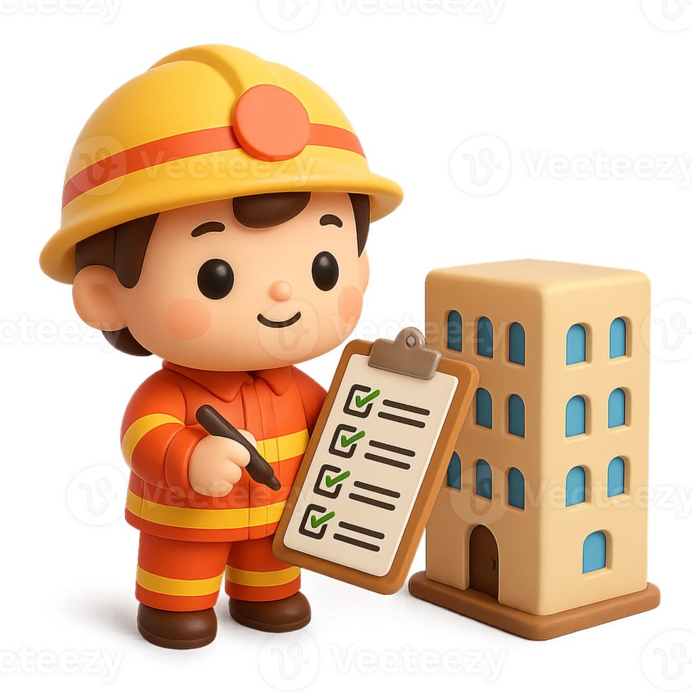 Kawaii cartoon 3D firefighter in yellow uniform inspecting building with checklist and pen, cute child character in safety inspection role smiling confidently png