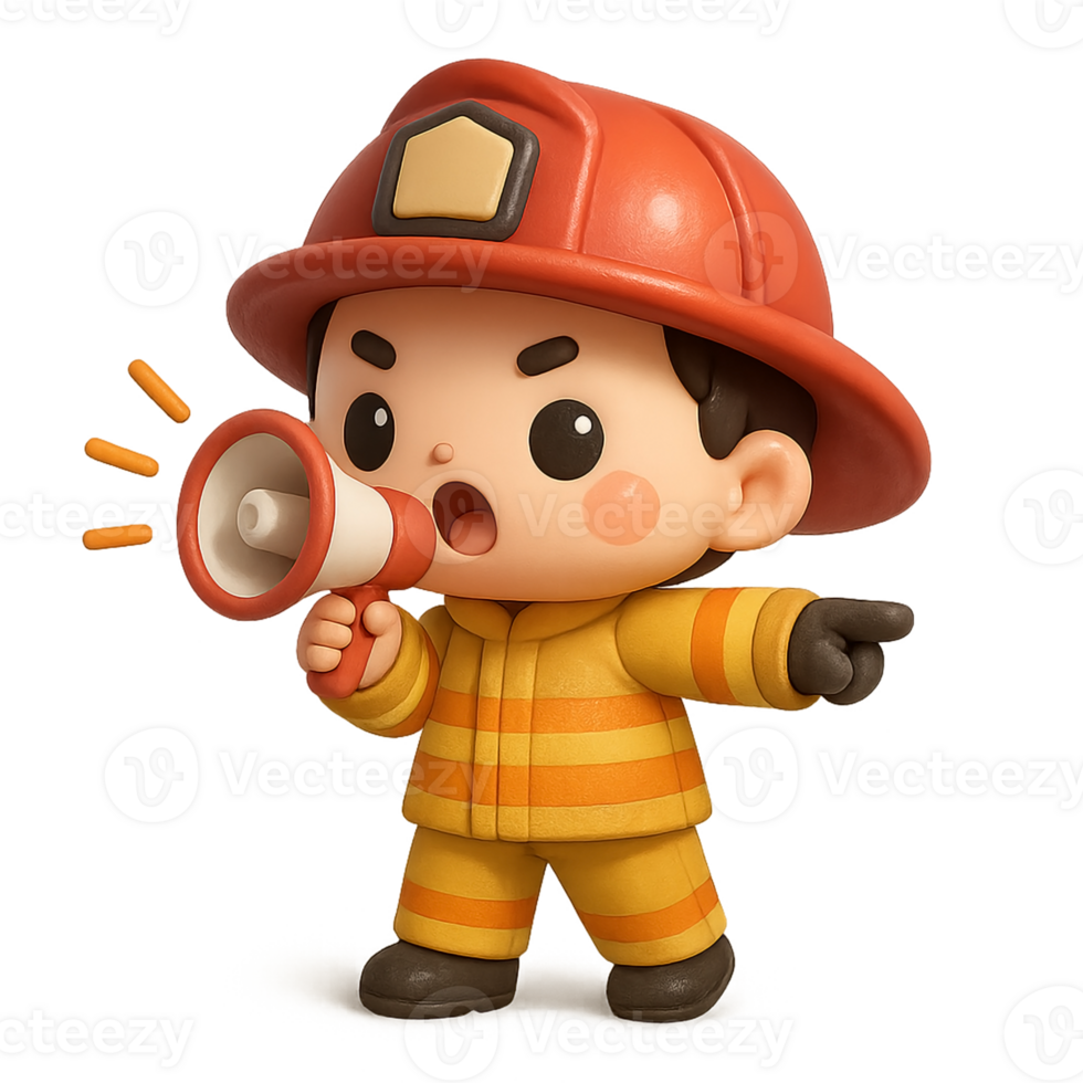 Kawaii cartoon firefighter in yellow uniform shouting emergency instructions with megaphone, cute 3D safety character alerting in rescue situation for kids png