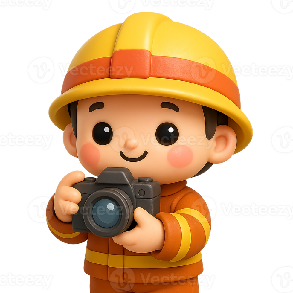 Kawaii cartoon 3D firefighter in orange uniform and yellow helmet holding camera, smiling child character capturing emergency moments with joyful attitude png