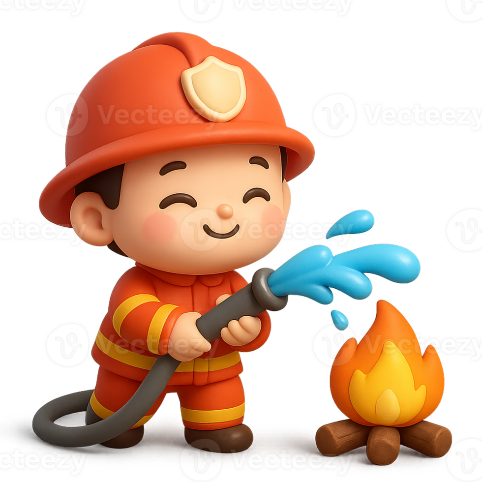 Kawaii cartoon 3D firefighter in red uniform smiling while using hose to extinguish small campfire, adorable child with joyful expression and cute pose png