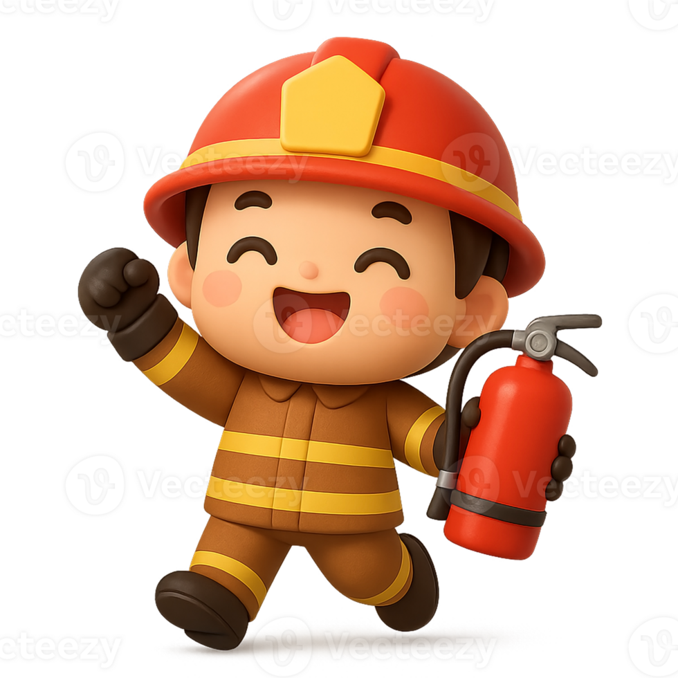 Kawaii cartoon 3D firefighter in brown uniform smiling and raising fist while holding fire extinguisher, adorable child hero ready for action and rescue png