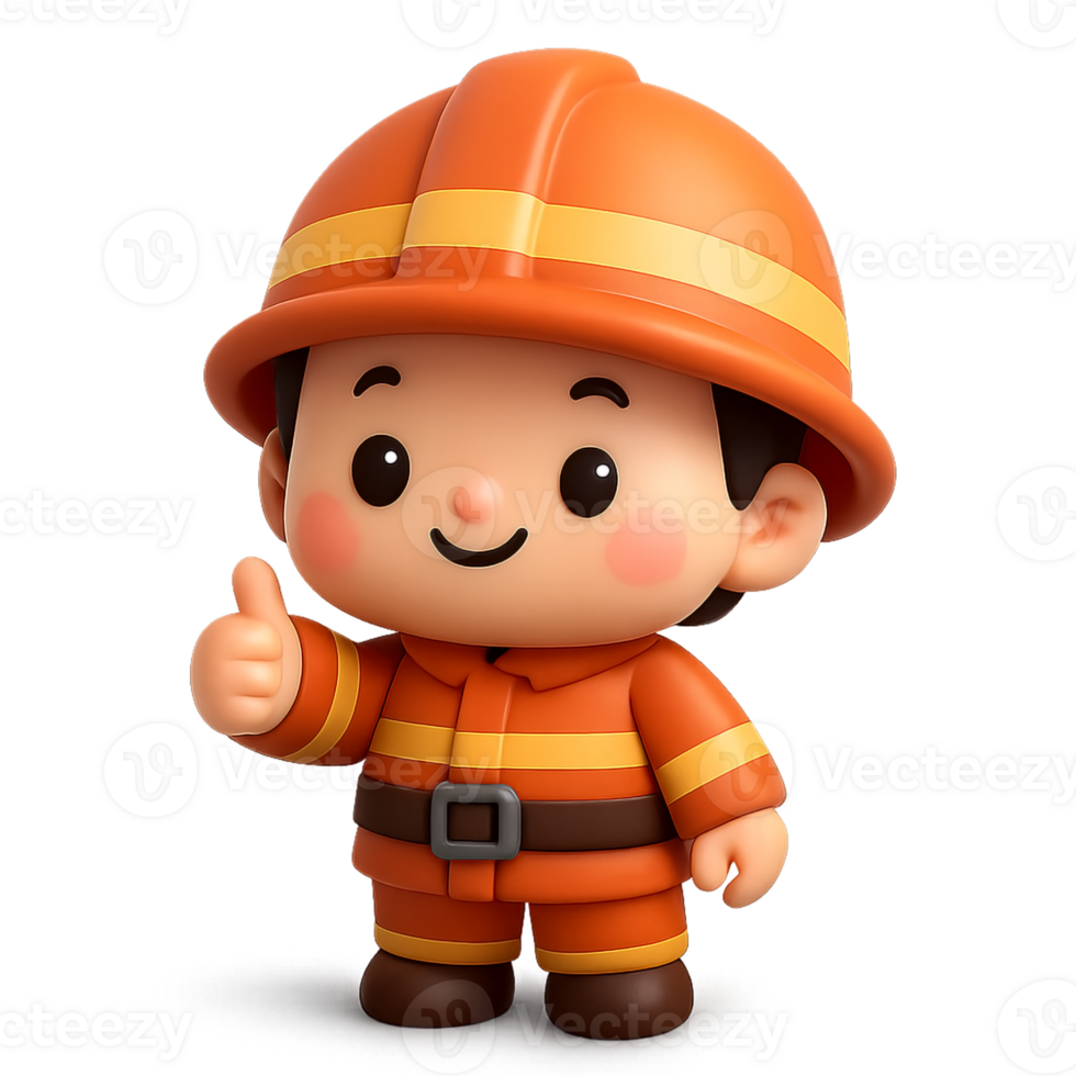 Cute 3D cartoon firefighter with helmet and orange uniform giving thumbs up in kawaii style, adorable emergency worker character perfect for educational designs png