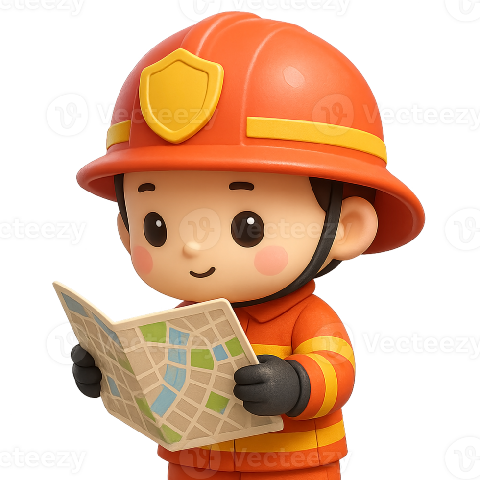 Kawaii cartoon 3D firefighter character in orange and yellow uniform with red helmet, holding a map, adorable child planning rescue mission with a happy smile png