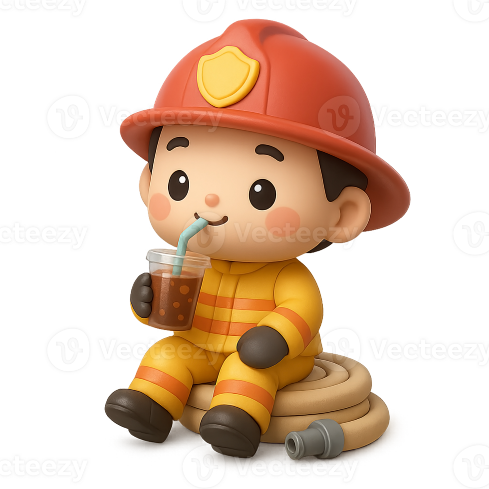 Kawaii cartoon firefighter sitting on rolled hose drinking from cup with straw, cute and relaxed 3D rescue character in yellow uniform, peaceful break scene png