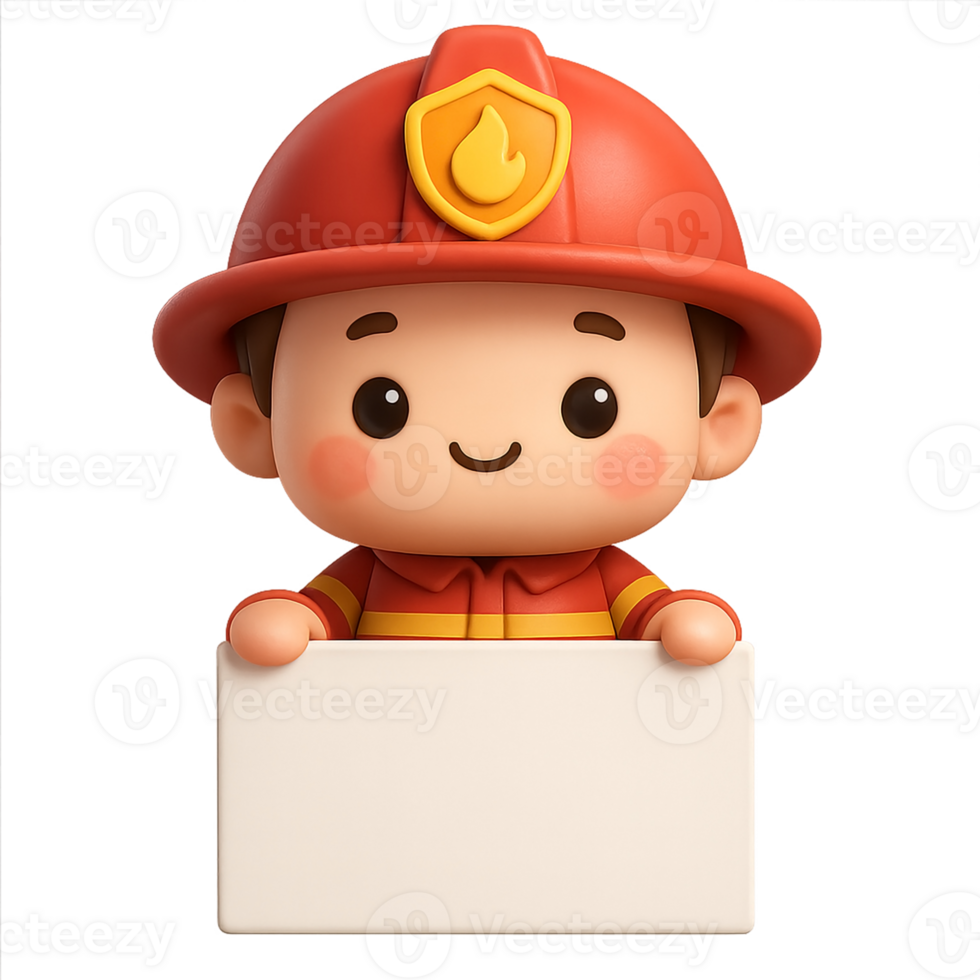 Kawaii 3D cartoon firefighter character holding blank sign, perfect for safety messages, announcements or education, wearing red helmet and uniform png