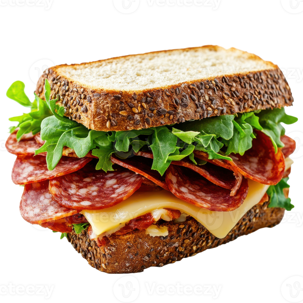 Delicious sandwich stacked with meat and fresh greens served on whole grain bread, Transparent Background png