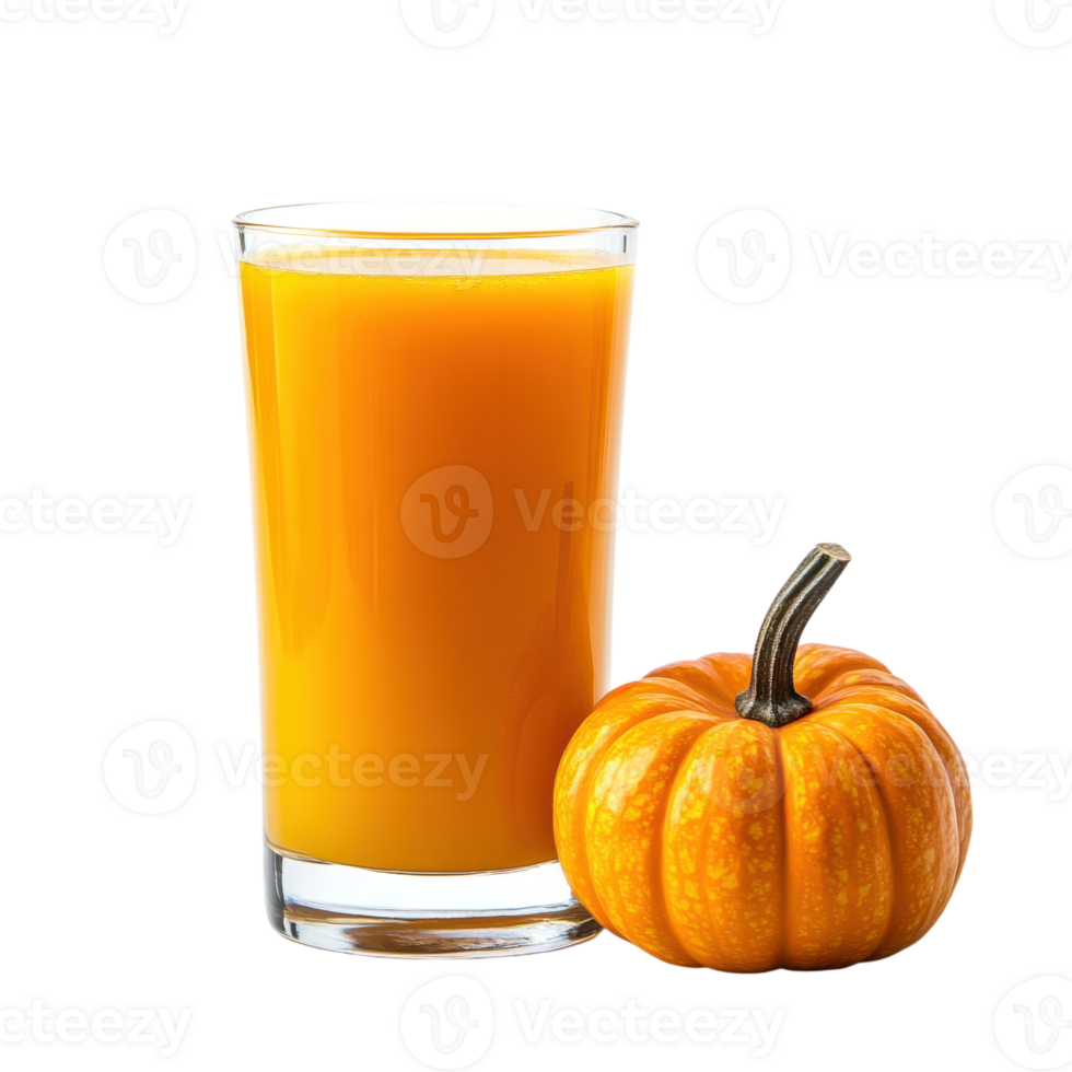 Fresh pumpkin juice served in a clear glass beside a small decorative pumpkin for a seasonal touch, Transparent Background png