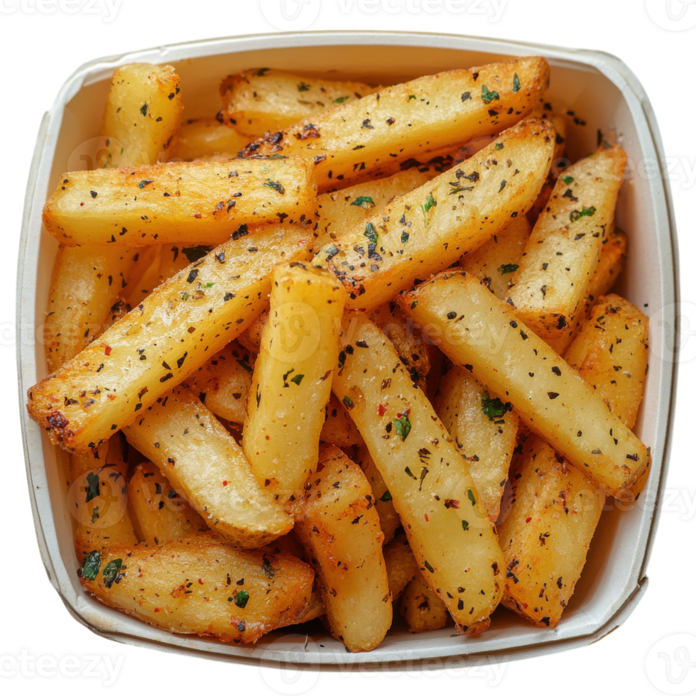 Golden crispy seasoned fries served in a takeout container at a casual dining spot during lunchtime, Transparent Background png