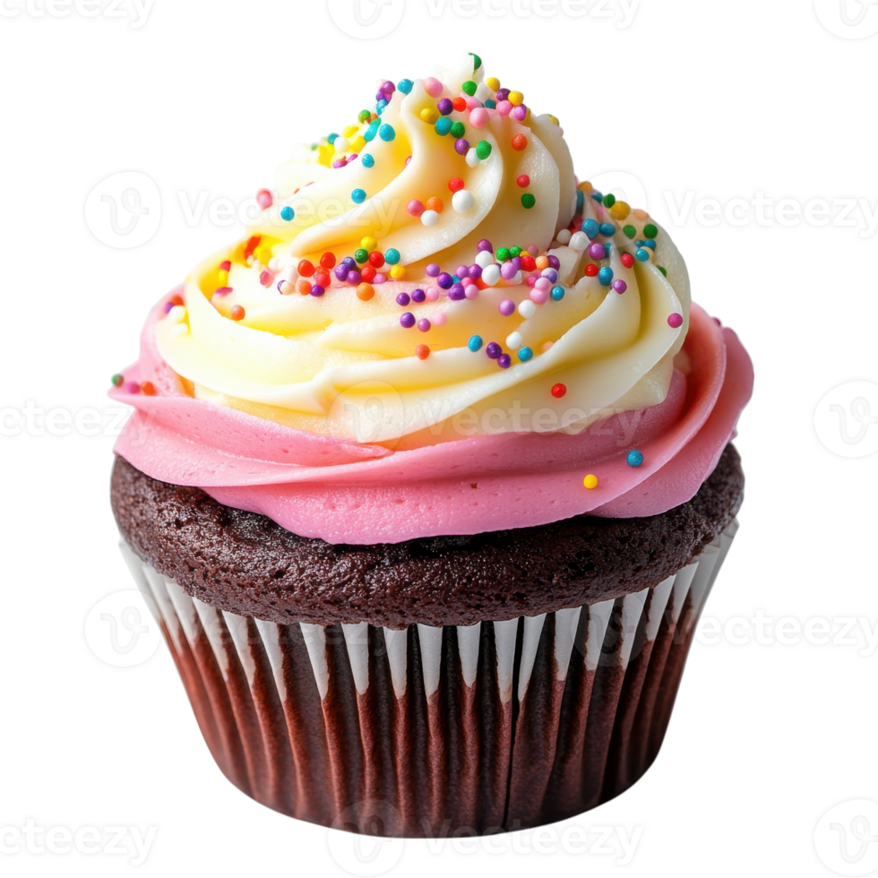 Delicious chocolate cupcake topped with pink and white frosting and colorful sprinkles ready to be enjoyed at a celebration, Transparent Background png