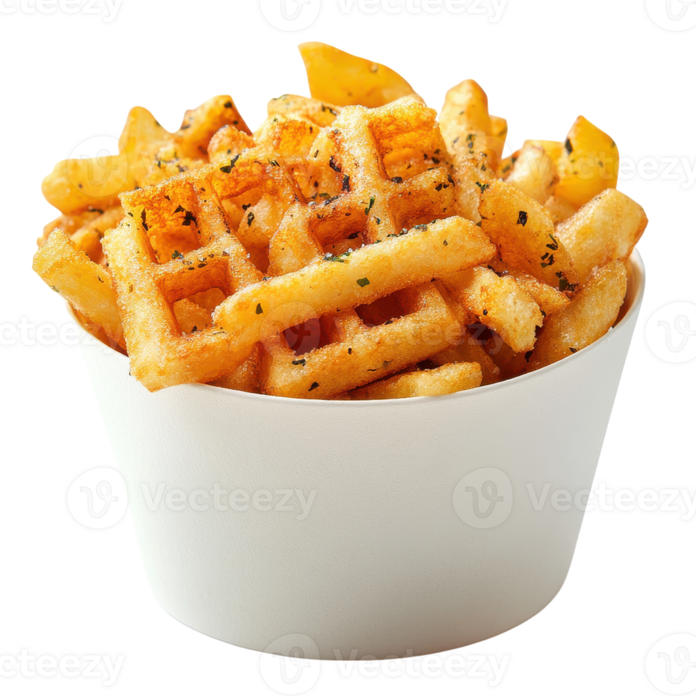 Crispy seasoned waffle fries served in a small white container on a neutral background, Transparent Background png