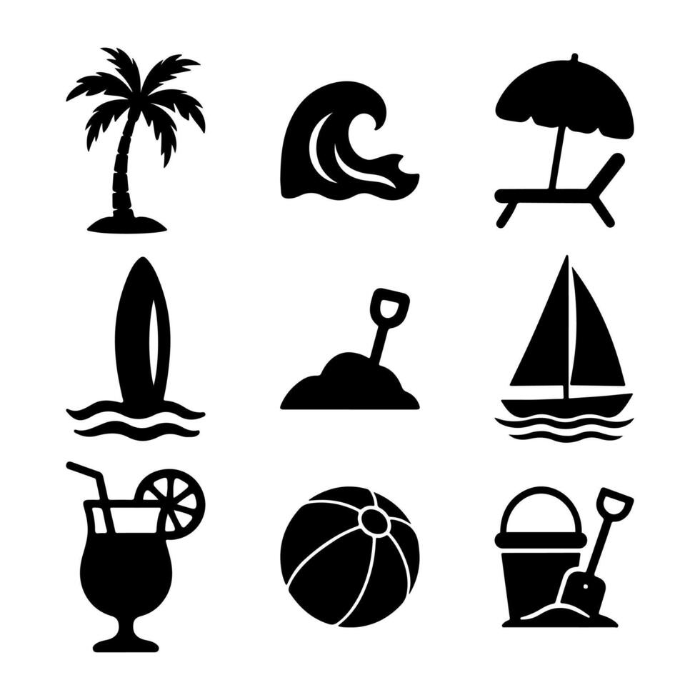Black silhouette beach icons set, summer holiday elements collection vector