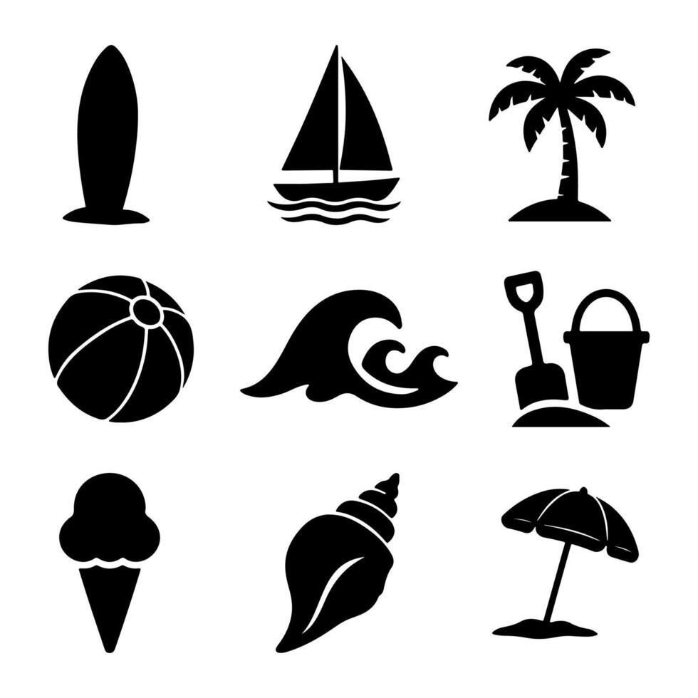 Silhouette of beach symbols icon pack vector