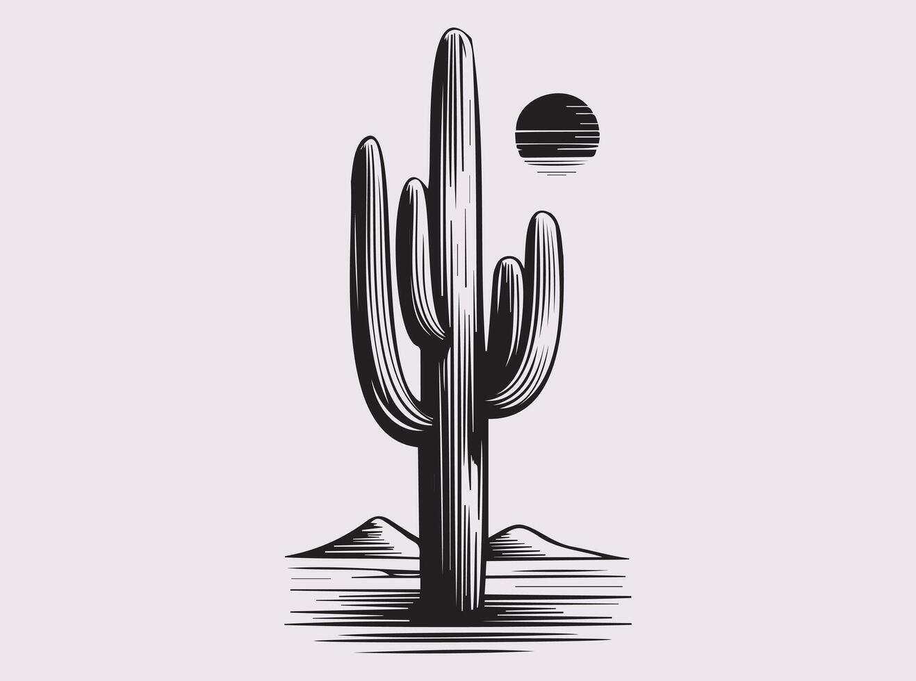 Minimal Desert Silhouette of Cactus Plant and Sun for Natural Summer and Outdoor Themes vector