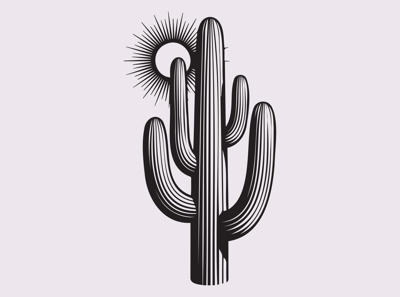 Saguaro Cactus Silhouette with Sun in Minimal Black Line Art for Summer and Travel Design vector