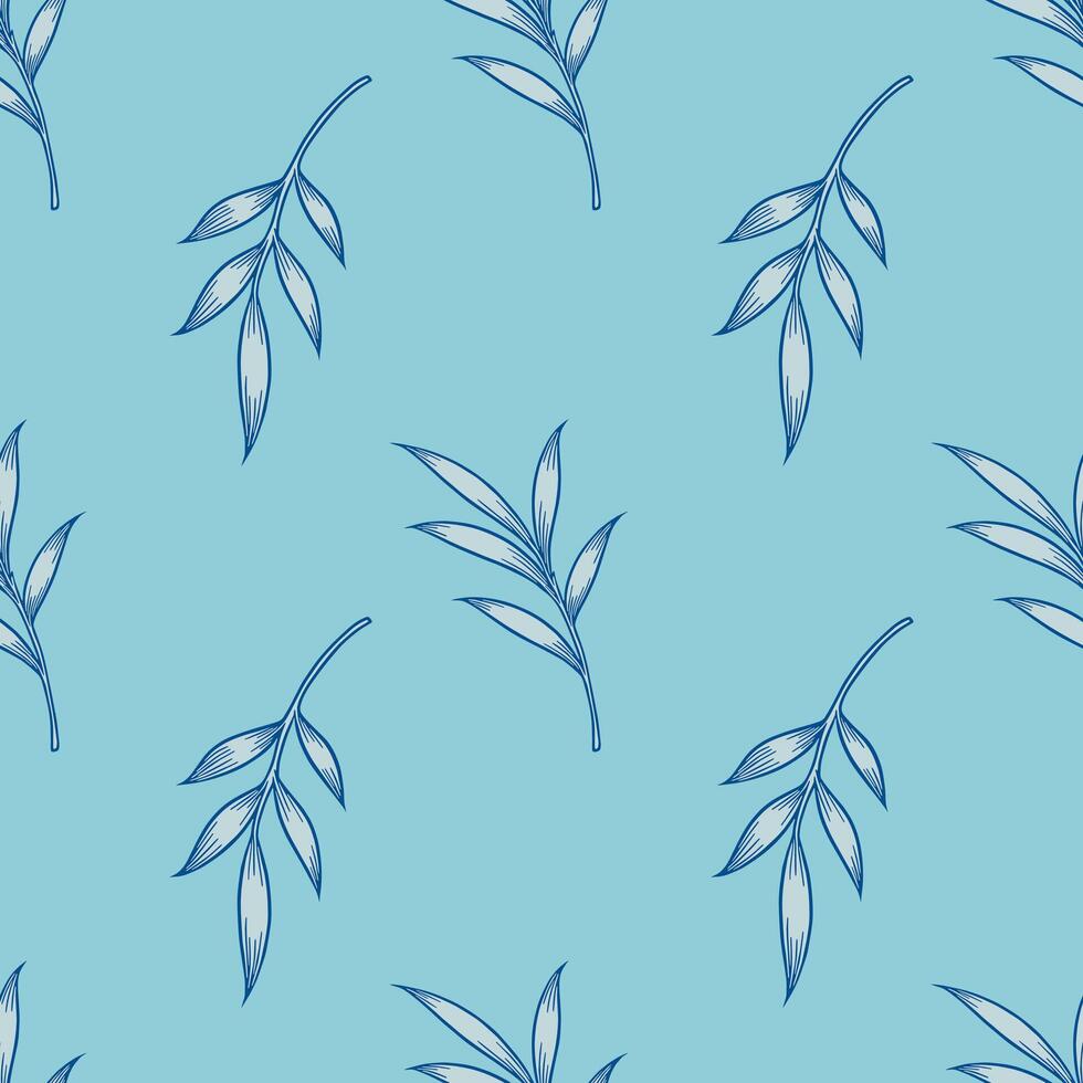 Seamless pattern with bamboo leaves on blue background. Monochrome repeat branch design. Tropical foliage wallpaper. vector