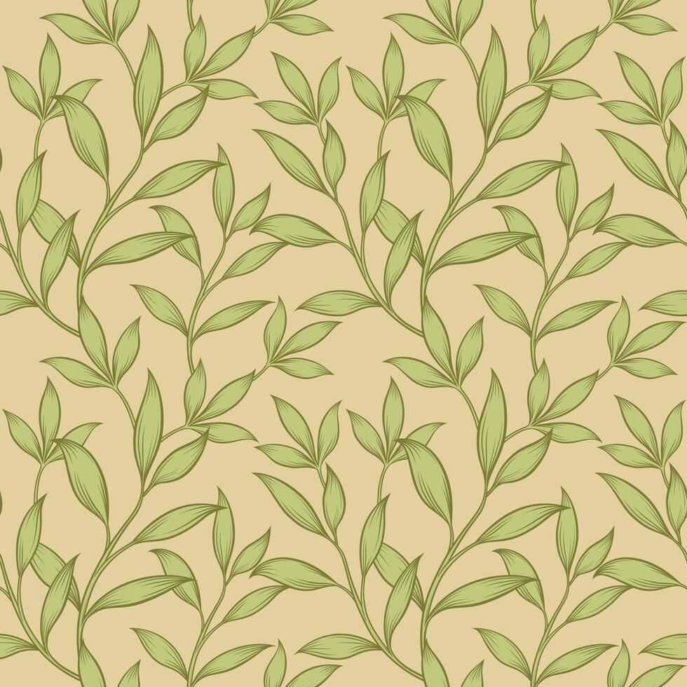 Seamless pattern background with green leaves. Spring season wallpaper. Tropical foliage drawing design. Vintage botanical illustration. vector