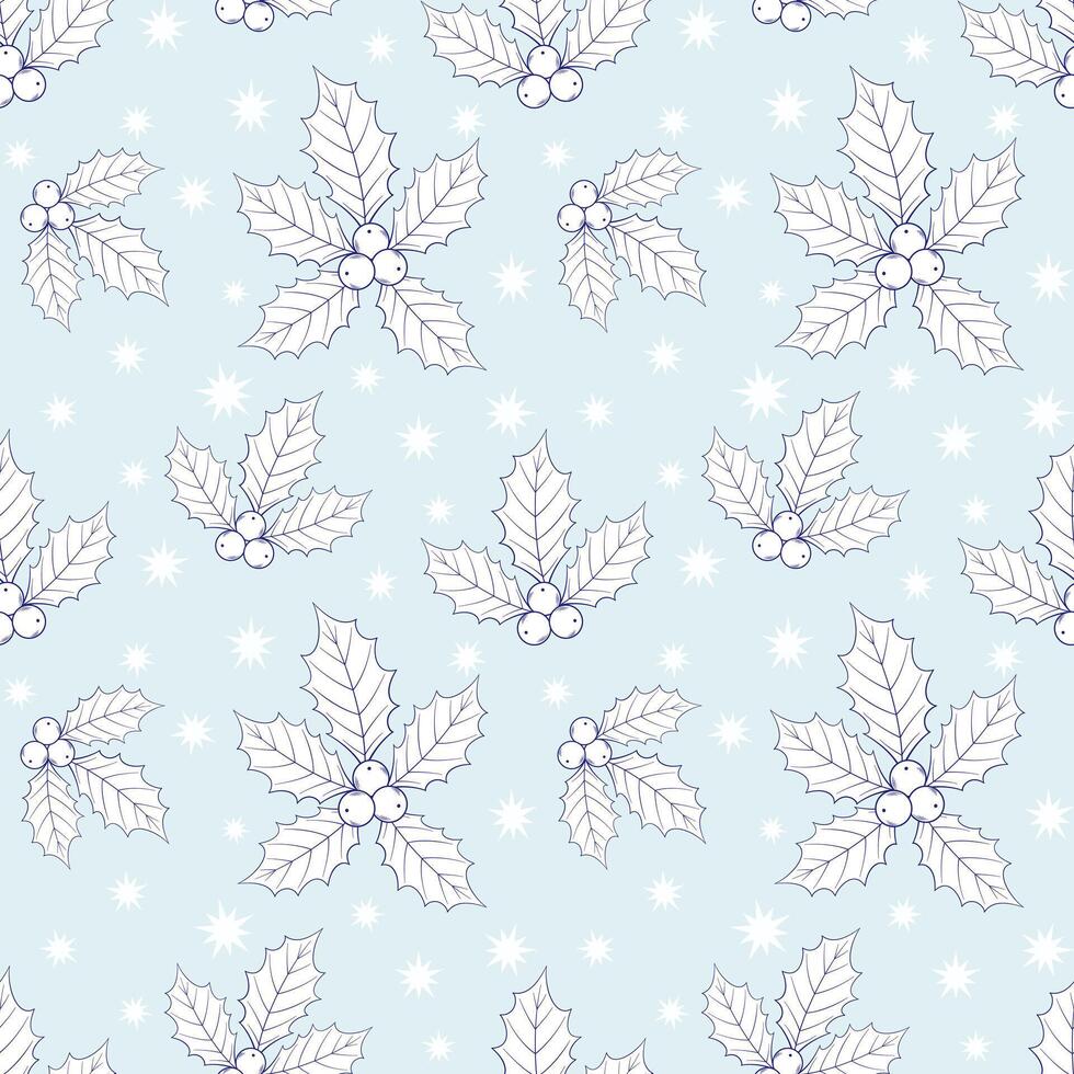 Seamless holly pattern on light blue background. Monochrome Christmas wallpaper. Hand drawn blue and white of Season Greetings illustration. vector