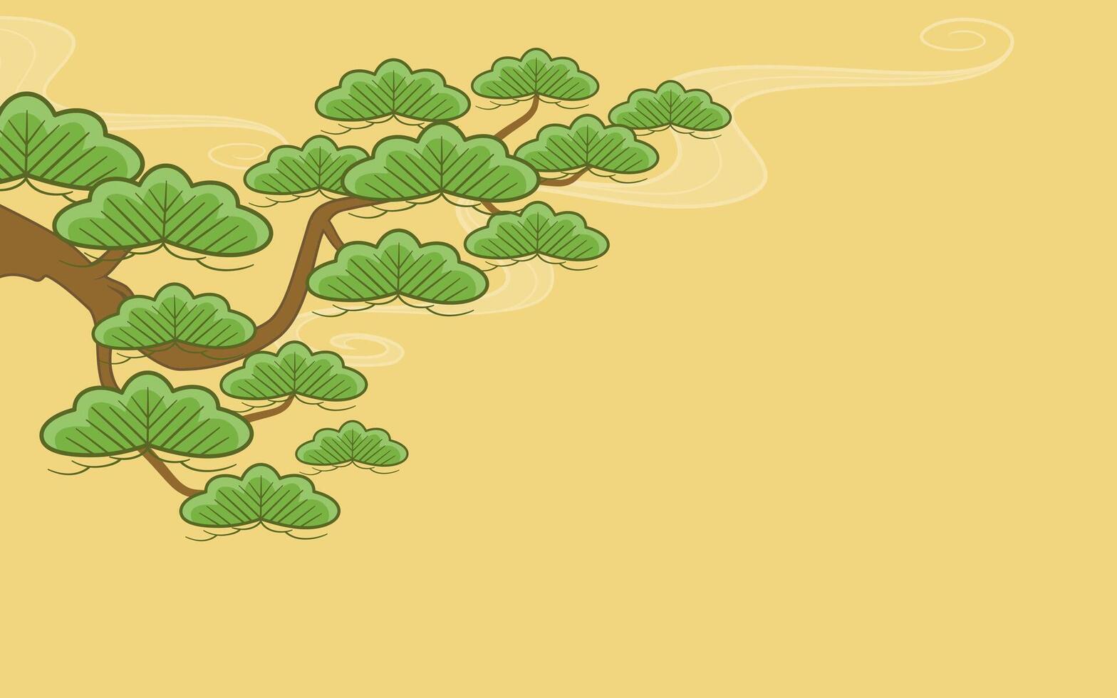 Japanese tree with leaves on yellow background. Brown branch with green foliage wallpaper. Asian plant illustration. Chinoiserie design. vector