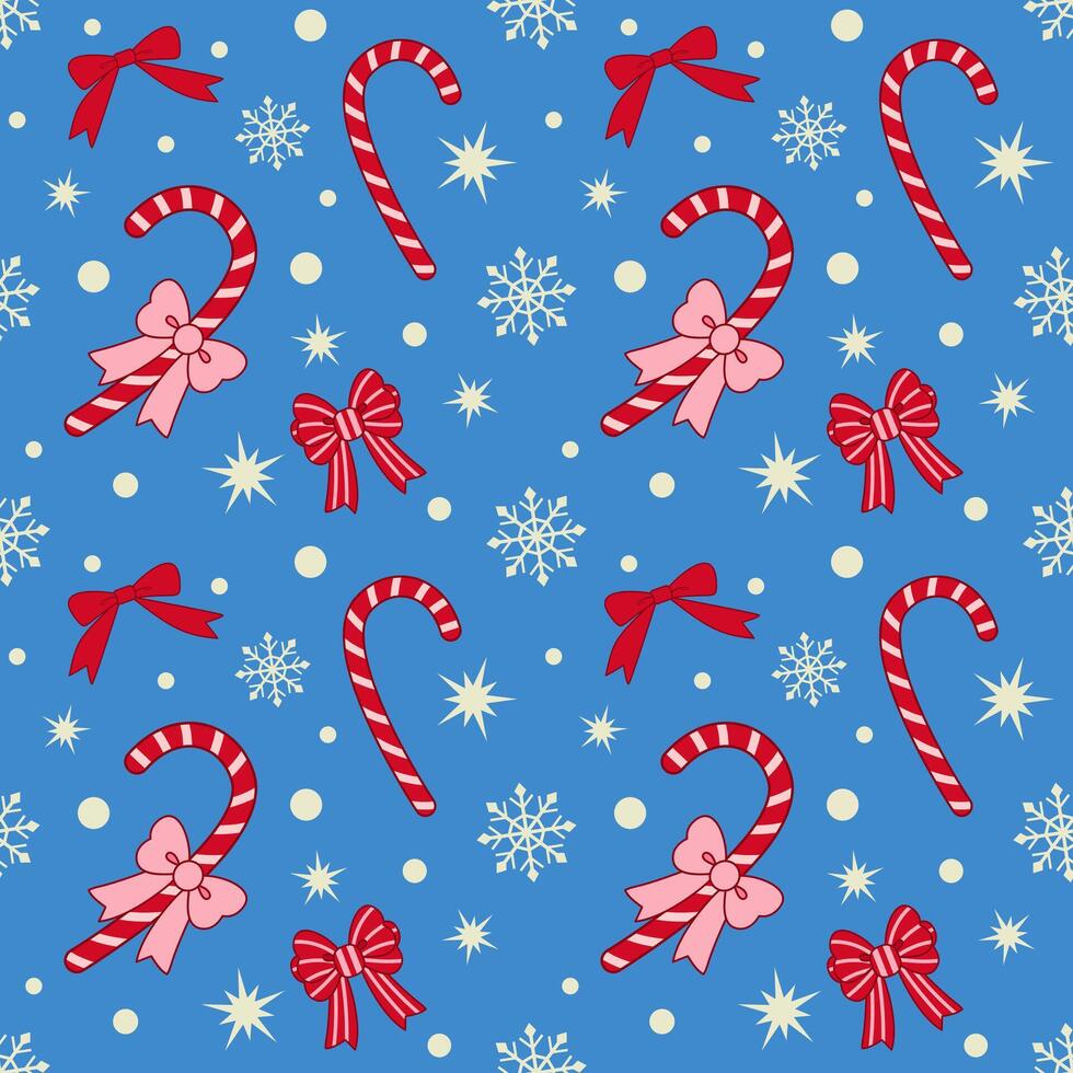 Seamless Christmas pattern with red bows and candy canes on blue background. Season greetings wallpaper. vector