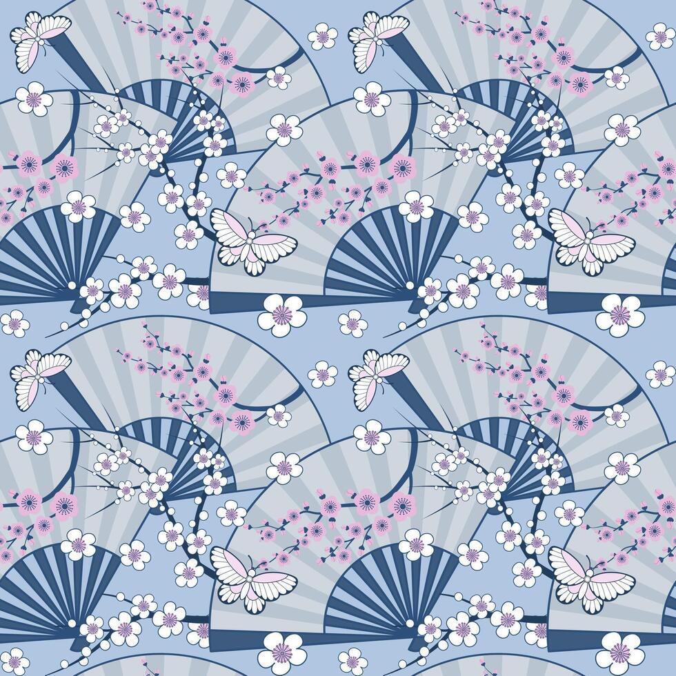 Seamless pattern with Chinese folding hand fan, Plum blossom, and butterfly on light blue background. Japanese vibes wallpaper. Chinoiserie illustration. vector