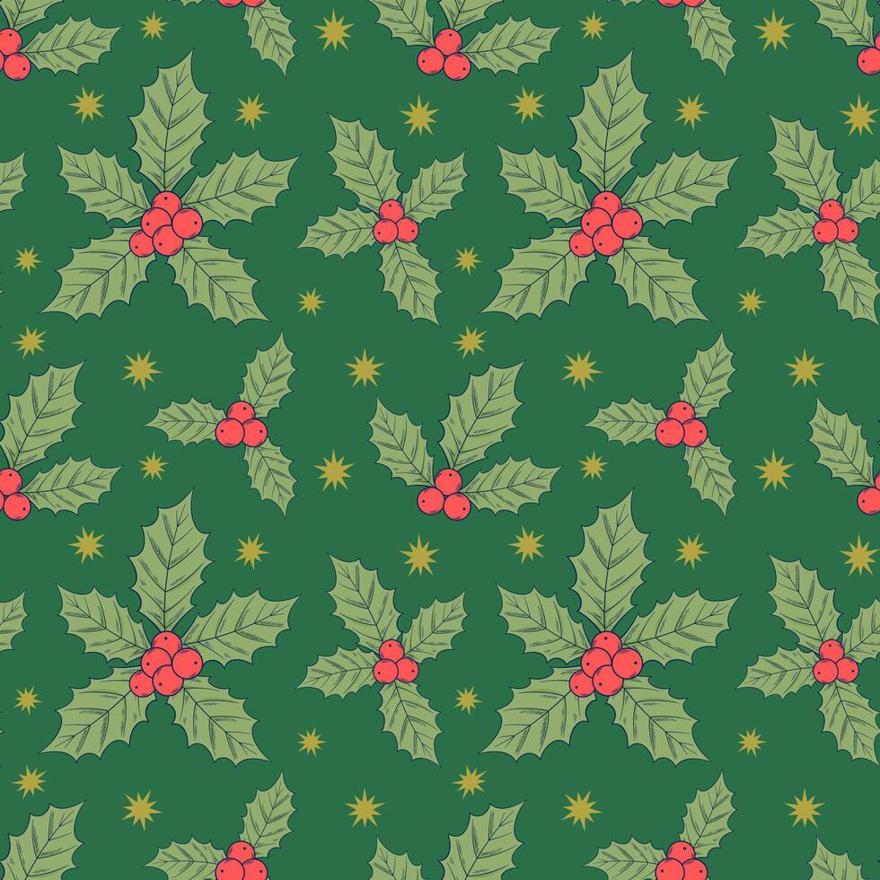 Christmas seamless pattern with holly on green background. Greeting seasons wallpaper. vector