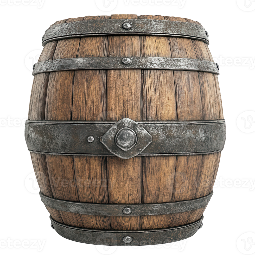 Wooden barrel with metal bands and detailed craftsmanship displayed prominently in a rustic setting, Transparent Background png