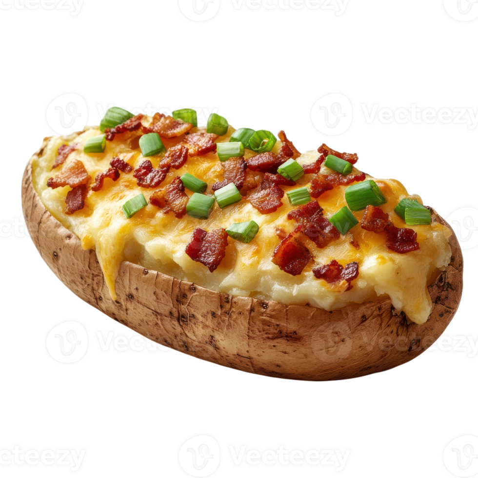 Deliciously loaded baked potato topped with cheese, bacon, and green onions at a casual dining setting, Transparent Background png