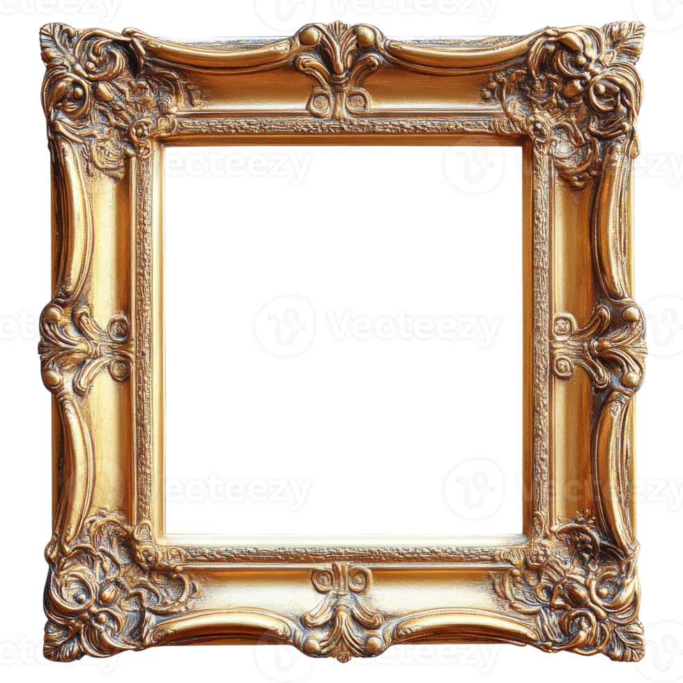 Ornate gold frame with intricate designs ready for artwork display in a gallery setting, Transparent Background png