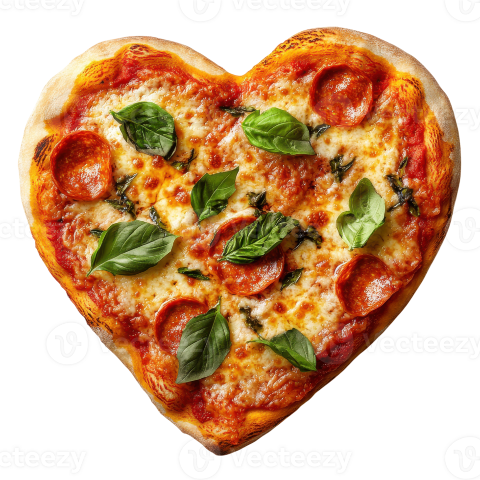 Heart-shaped pizza topped with pepperoni and fresh basil for a delightful meal experience, Transparent Background png