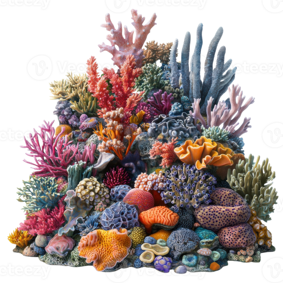 Vibrant coral reef teeming with life and color under the sunlit ocean waves, Transparent Background png