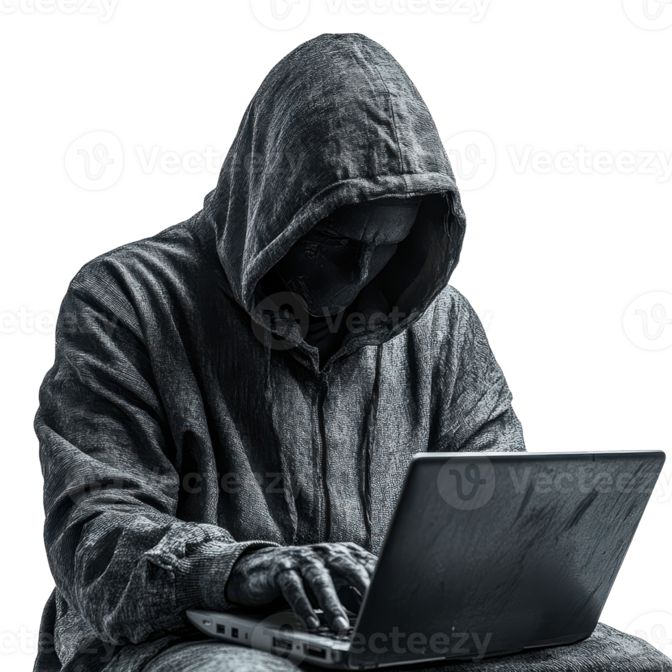 Mysterious figure in dark hoodie working on laptop in a dimly lit environment, Transparent Background png