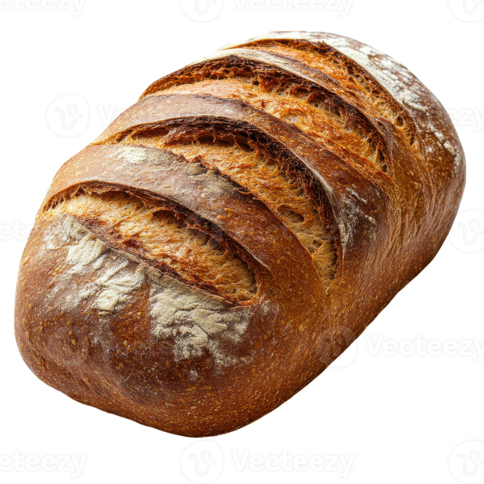 Freshly baked artisan bread loaf with golden crust and soft interior displayed on a simple surface, Transparent Background png