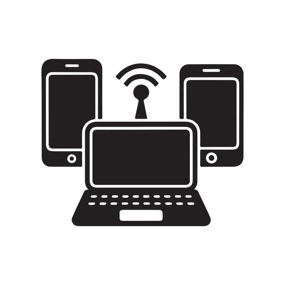 Black Technology Silhouettes Clipart Devices, Network Signals, Digital Tools, Tech Icon Set vector