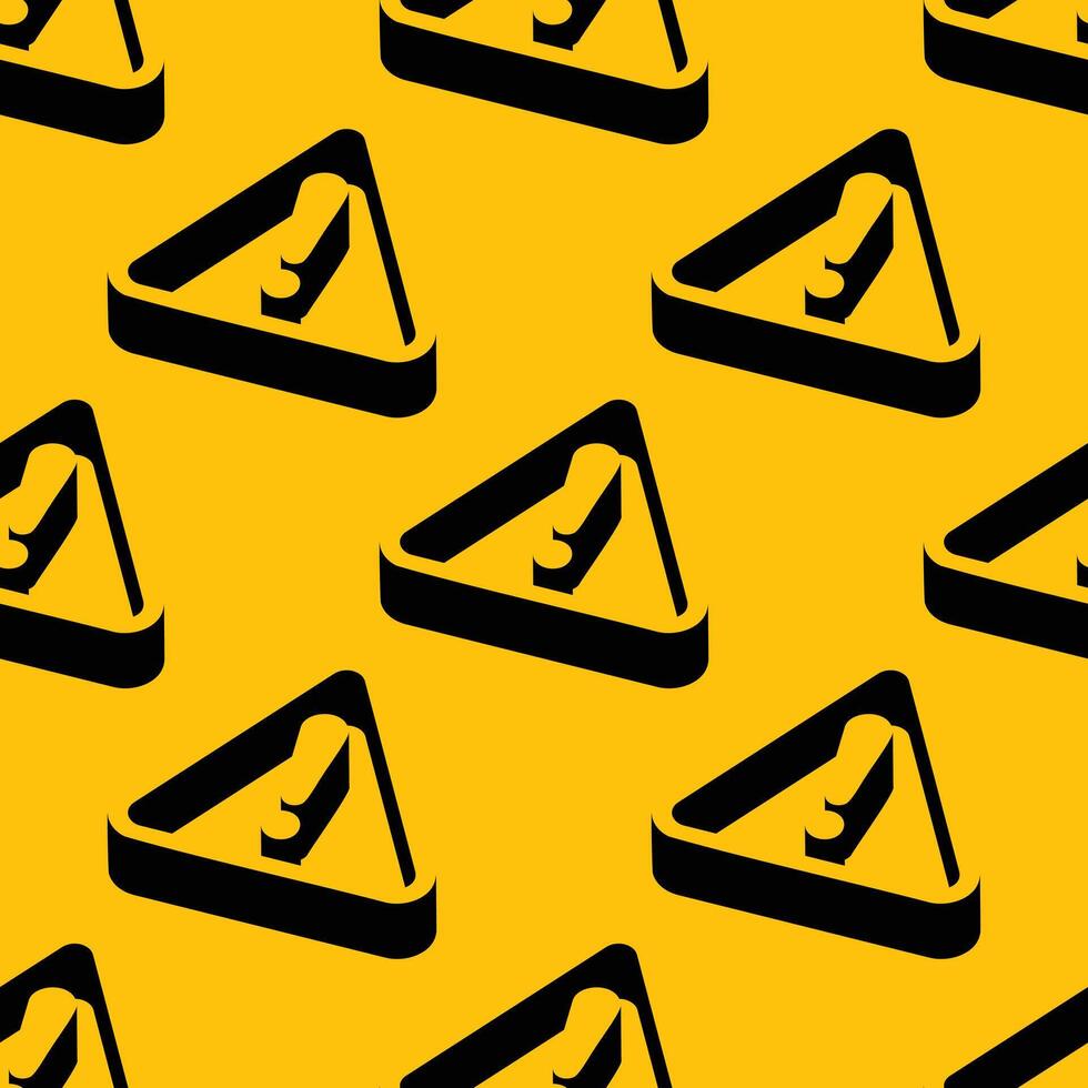 Seamless pattern with warning signs in isometric style and bold black shapes on a yellow background. Negative space design perfect for safety, alert, or industrial themes. vector