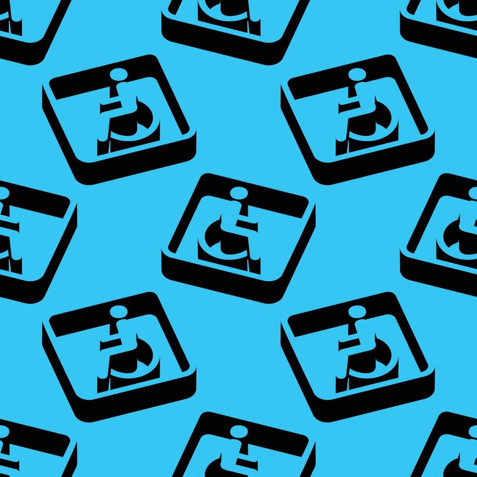 Seamless isometric pattern featuring wheelchair accessibility symbols with strong negative space on a blue background. Modern design for inclusive, public, or medical use. vector