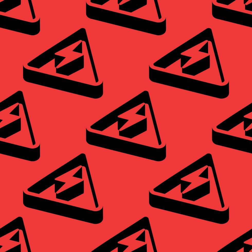 Seamless isometric pattern of high voltage symbols in triangular signs with strong shadows and negative space, set against a vivid red background. Great for danger or electricity themes. vector